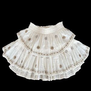 LoveShackFancy Cream Cotton Ruffle Embroidered & Beaded Festival Mini Skirt SZ 2
